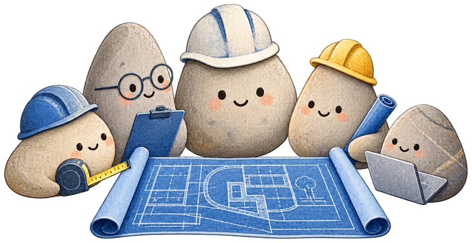 A crew of friendly stones in hard hats reviewing plans together