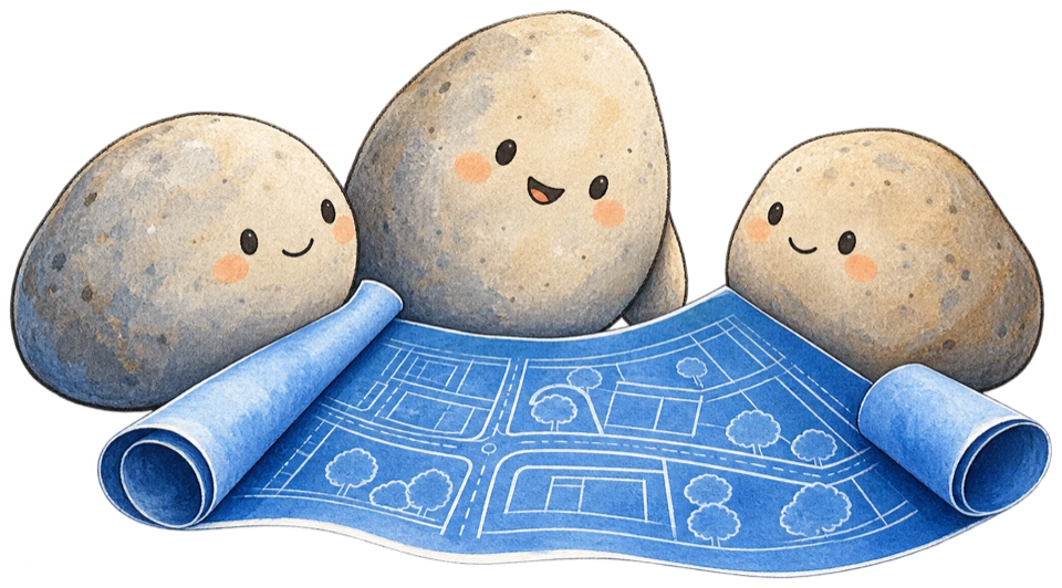 Three friendly stones looking over a site plan with roads and trees