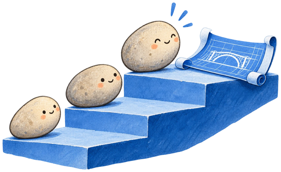 Three friendly stones climbing blue steps toward a blueprint at the top