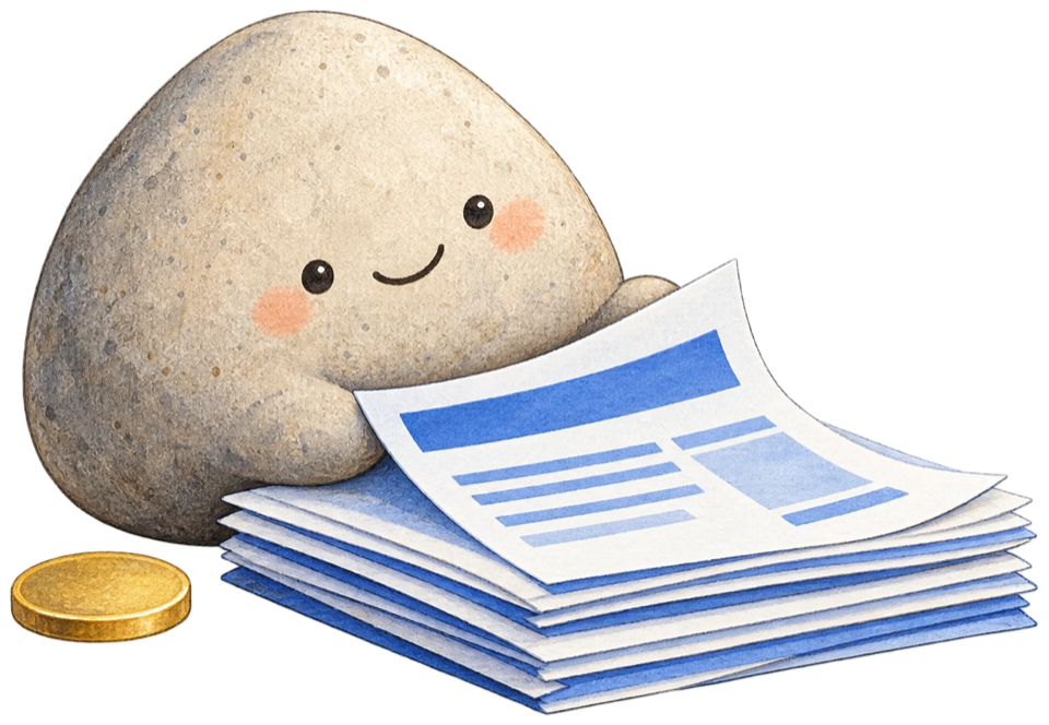 A friendly stone holding a stack of pay-app pages next to a gold coin