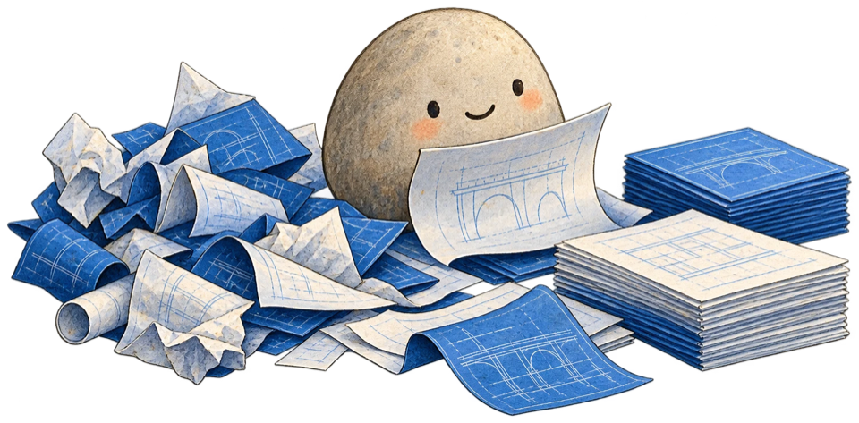Kipso sorting a messy pile of plans into neat stacks