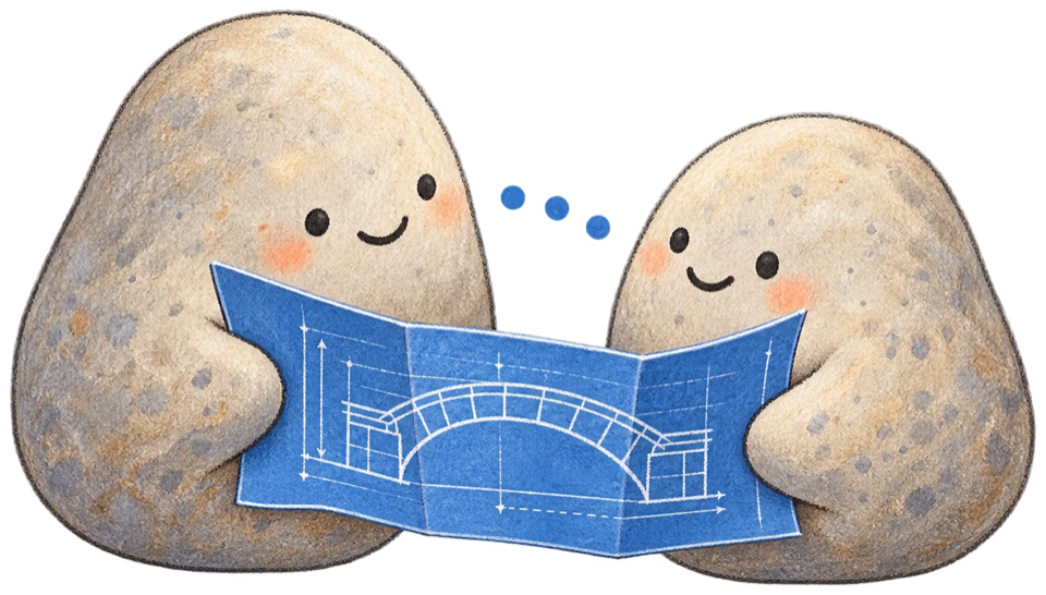 Two friendly stones looking at a bridge blueprint together