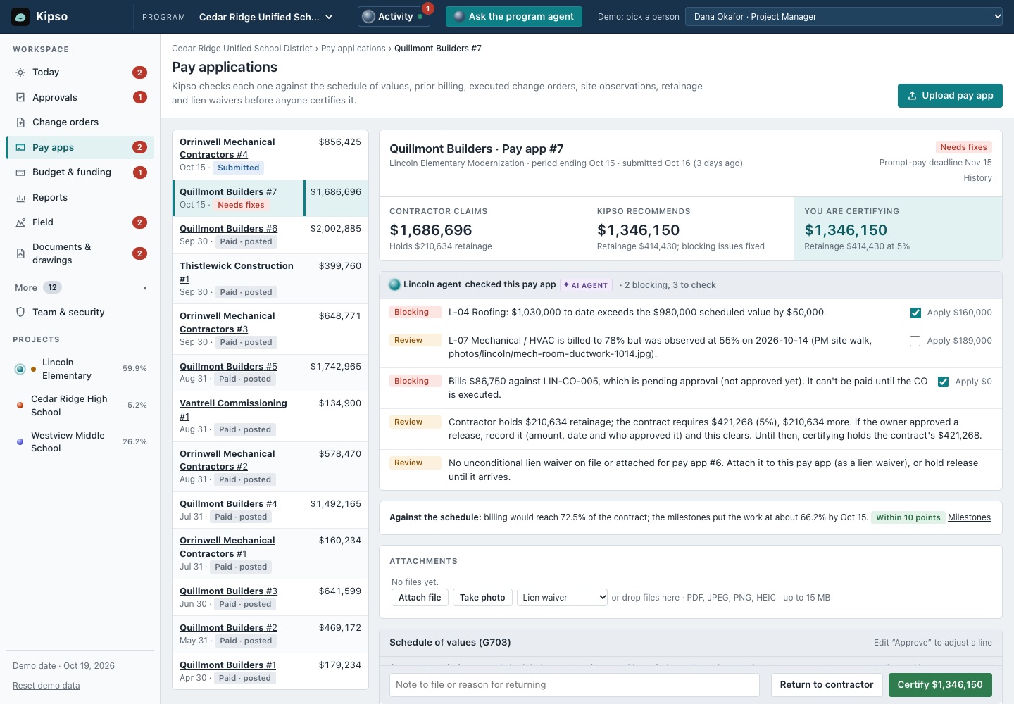 Pay app #7 review: $1,686,696 claimed, $1,346,150 being certified, with blocking findings and items to review.